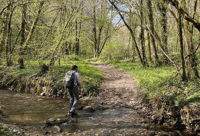 Randonneur traversant un ruisseau